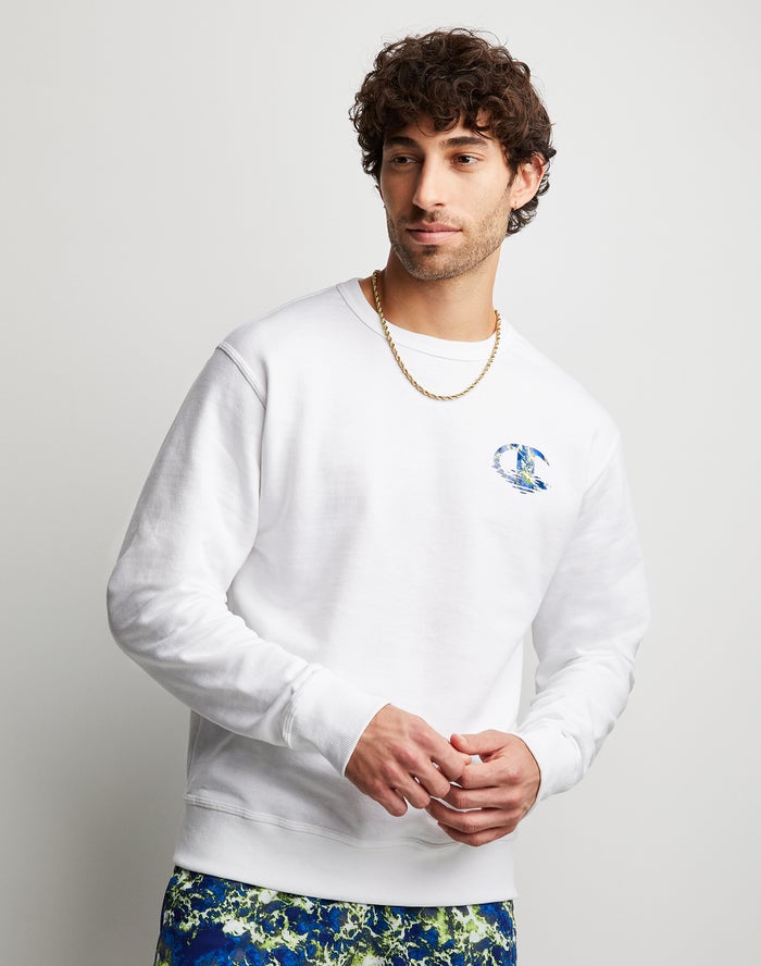 Champion Powerblend Fleece Crew Chasing Waves - Miesten Valkoinen Collegepaita - Suomi 7651248-UZ